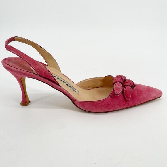 Vintage Manolo Blahnik Pink Suede Knotted Bow Pointed Toe Slingback Pump IT 39.5 - Picture 2 of 10